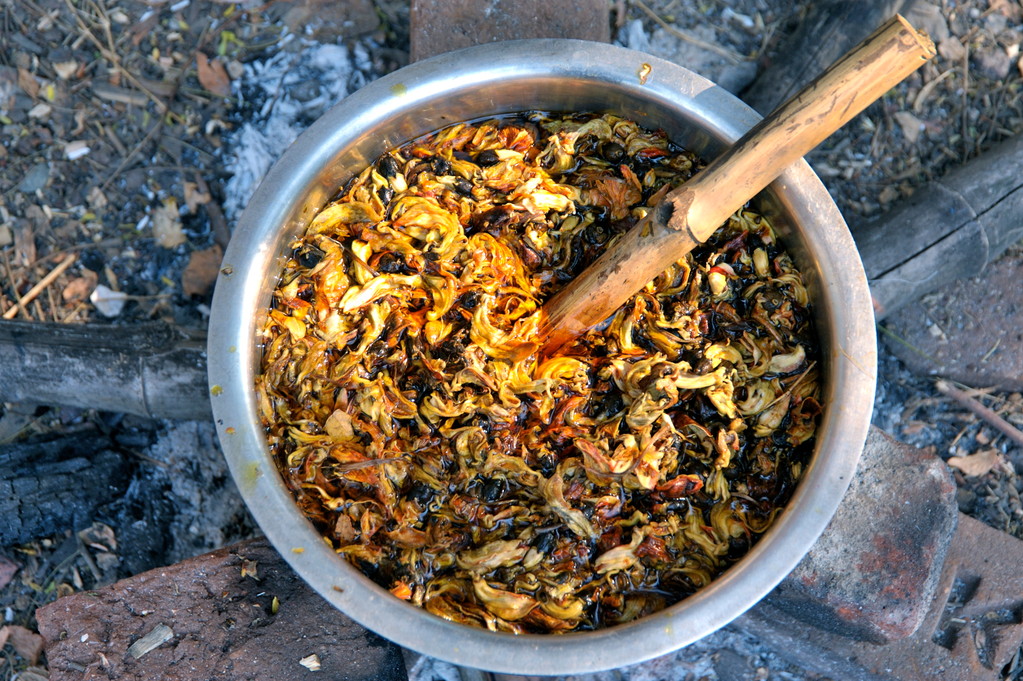 Färbesud aus Kurkuma (Gelbwurz) und Tamarinde